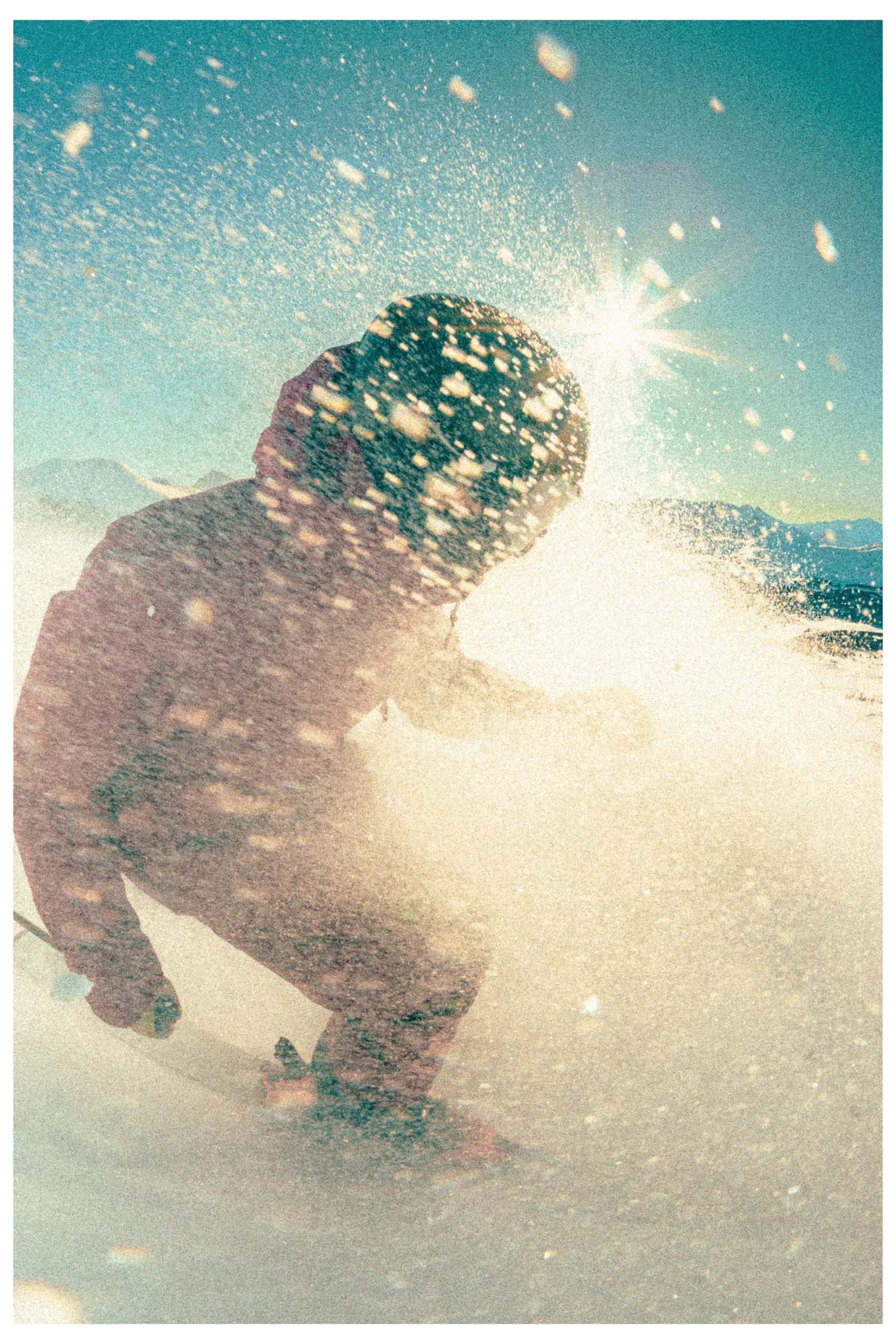 A skier turning through backlit snow