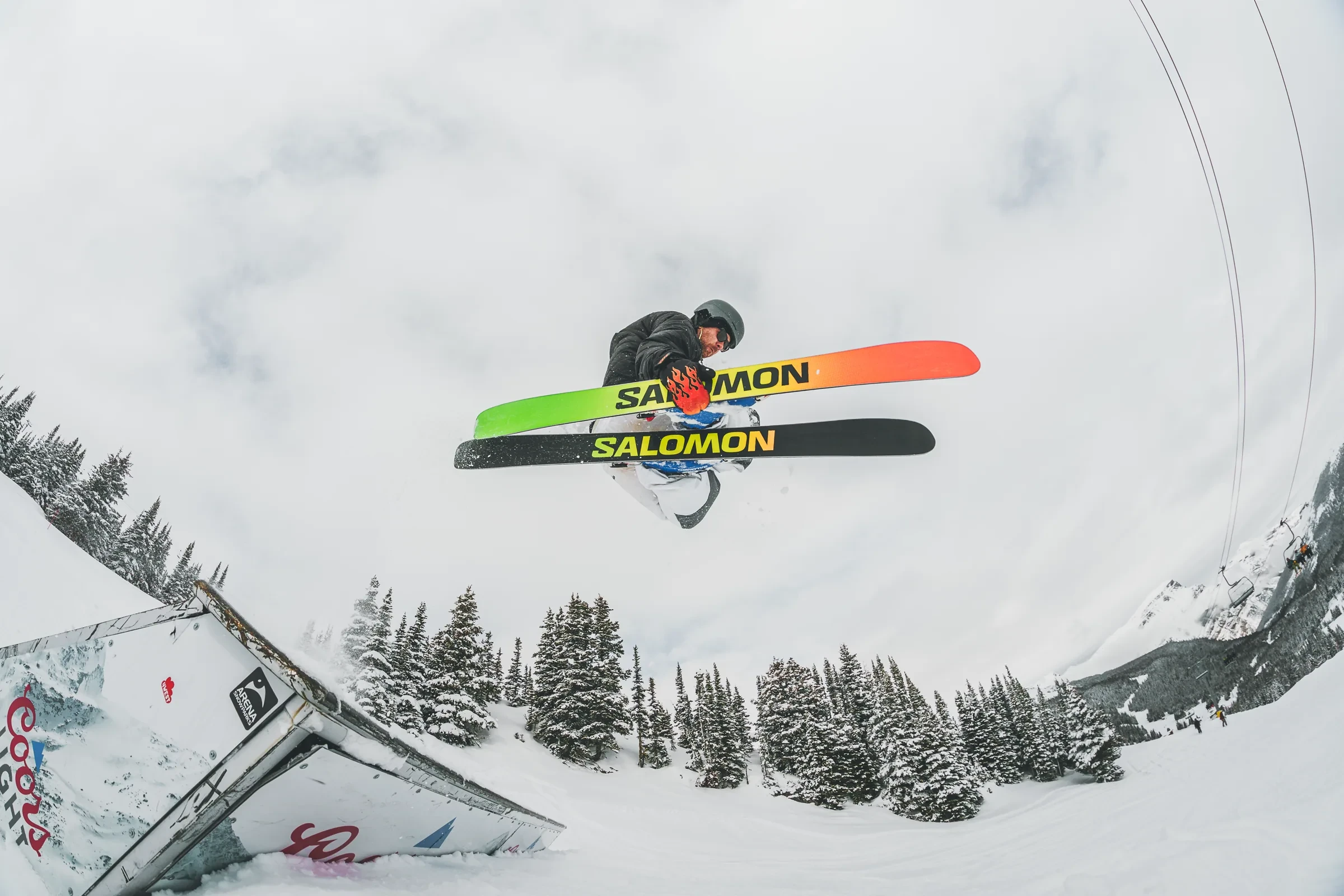 A fisheye view of a skier in the air