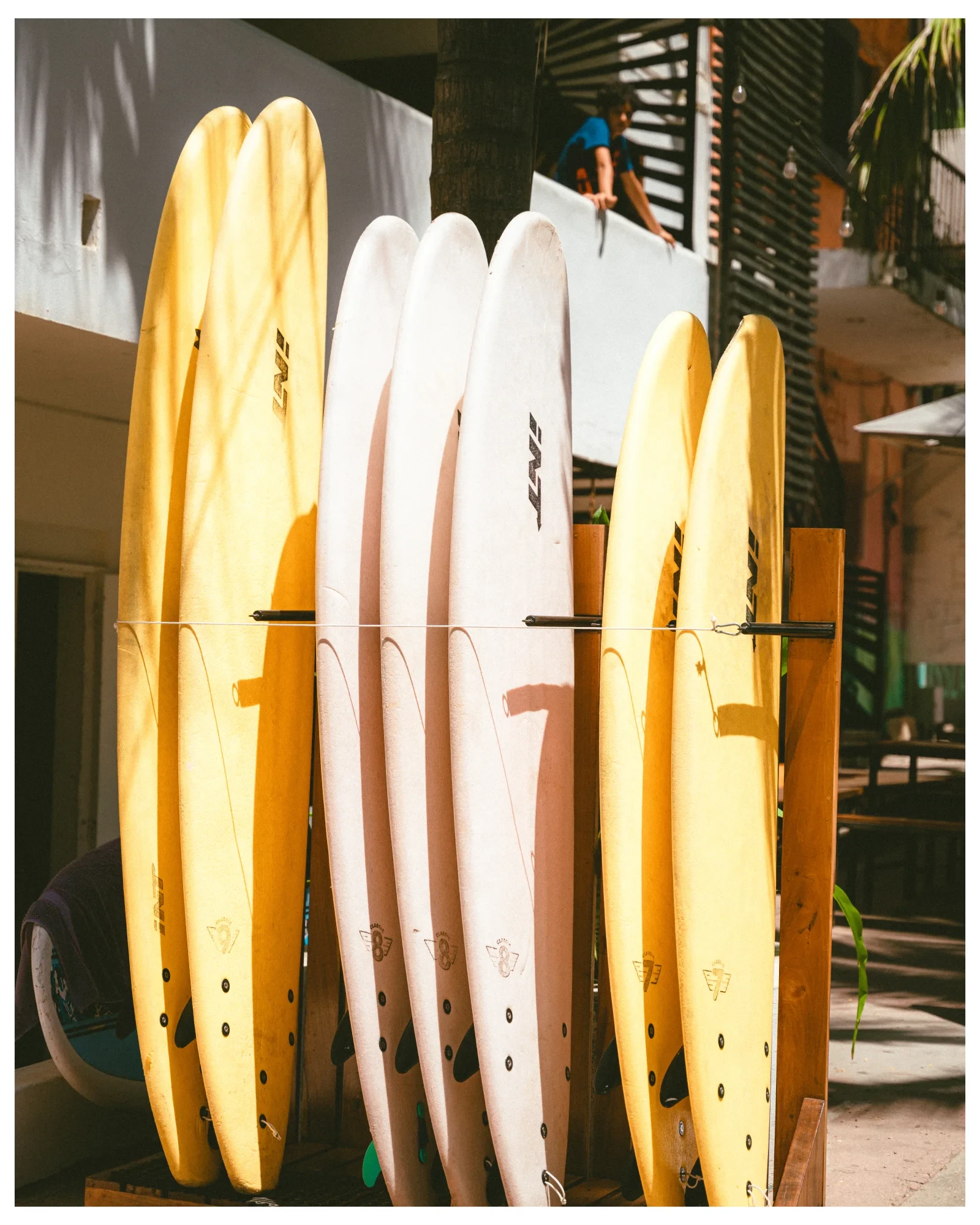 Yellow and white surfboards standing in tropical light