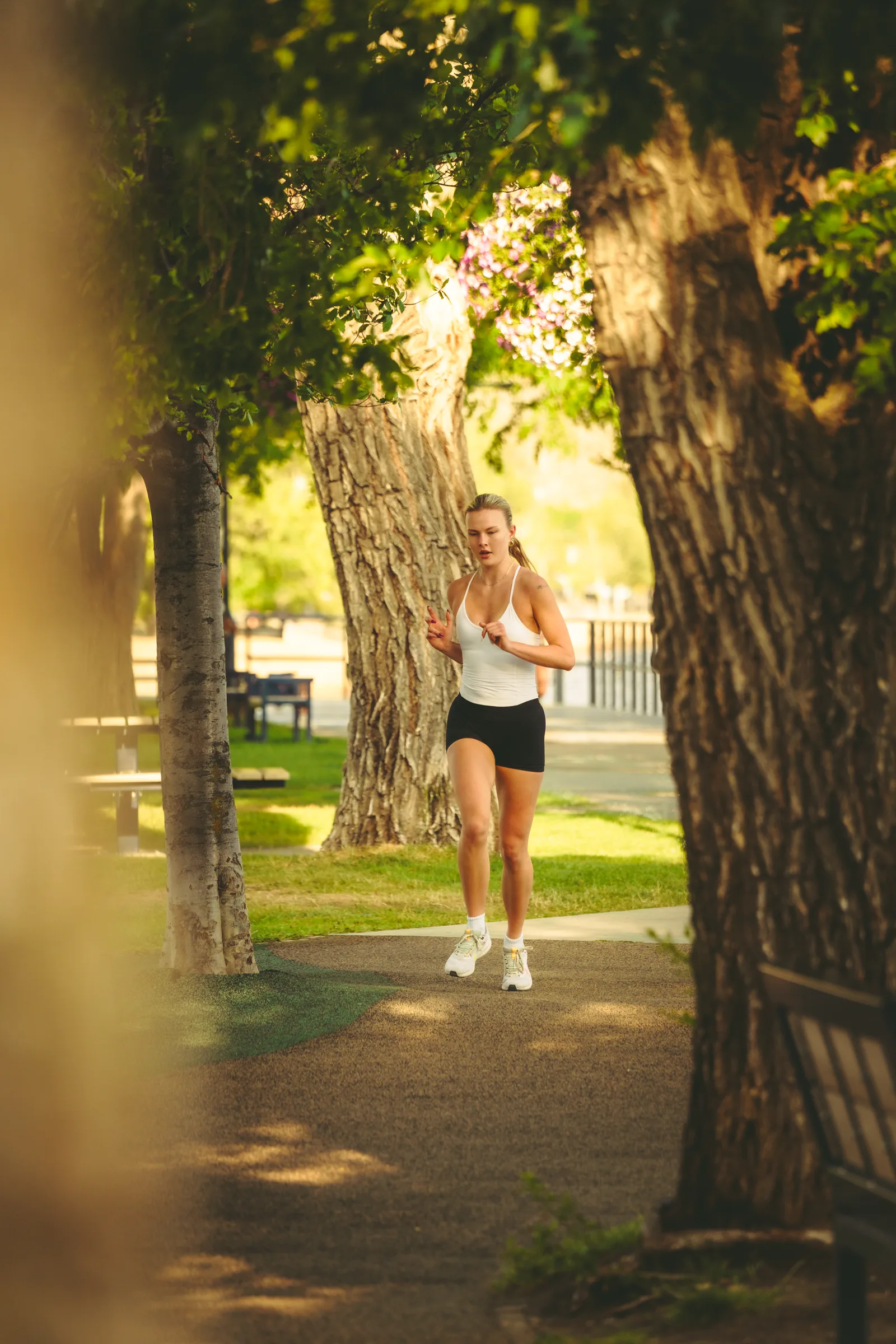 A runner framed between trees on a waterfront path