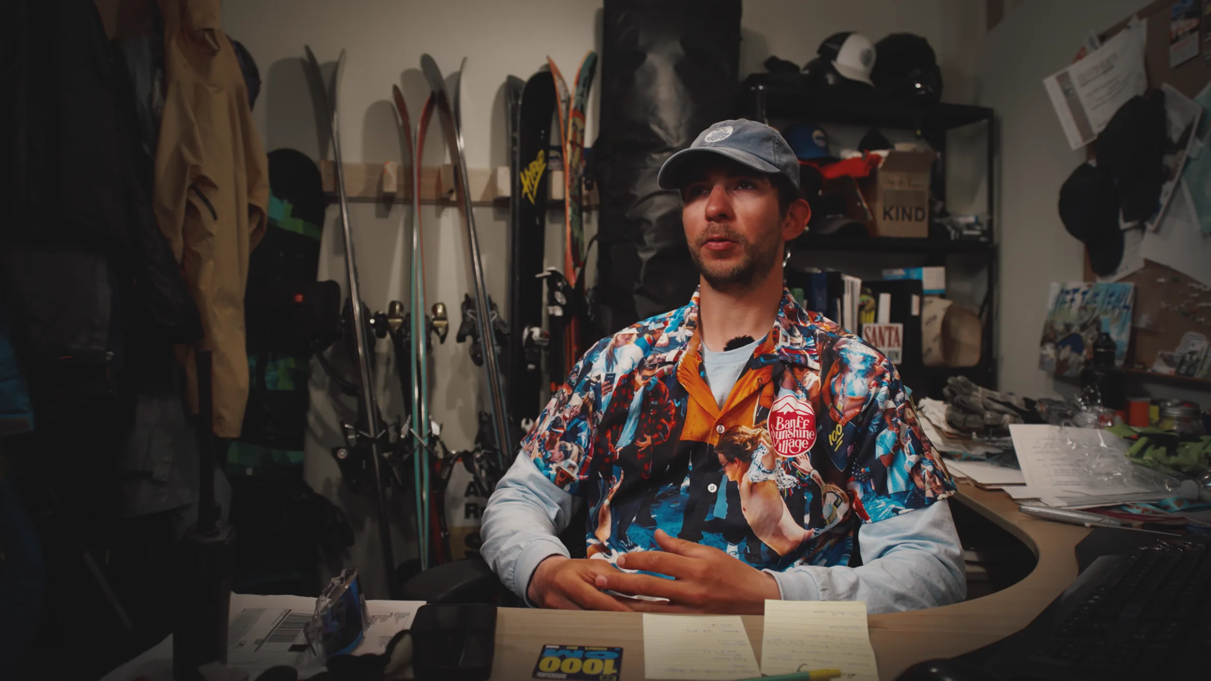 An interview subject seated in a ski workshop